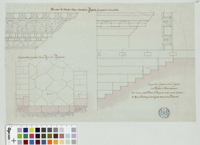 Corniches de marbre blanc trouvées à Pompéi, du quart de l'exécution. Construction et pavé d'une rue de Pompéi. Coupe des sièges et des degrés du théâtre d'Herculanum / Pierre-Adrien Pâris , [S.l.] : [P.-A. Pâris], [1700 - 1800]
