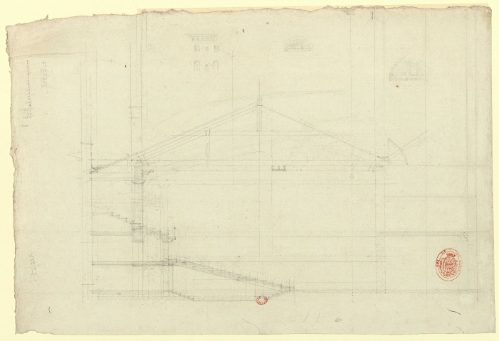Charpente et escalier : coupe. Au v° : Plan de l'escalier [Dessin] , 1750/1799
