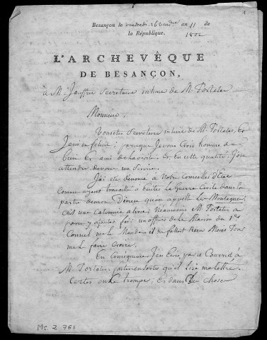 Ms Z 761 - Claude Le Coz, archevêque de Besançon. Lettres au ministère des cultes, Besançon, 1802-1806