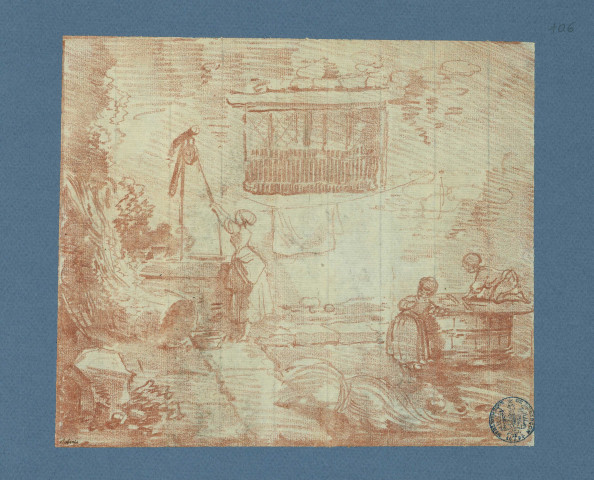 Jeune femme au puits, avec deux enfants jouant dans la cour , [Rome], [circa 1764]