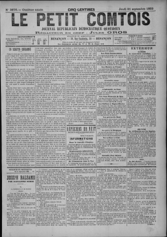 21/09/1893 - Le petit comtois [Texte imprimé] : journal républicain démocratique quotidien