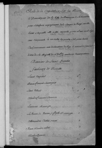 Registre de Capitation pour l'année 1750