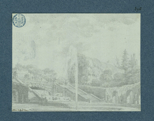 Rideau de fond d'un jardin représentant un bassin avec jets d'eau et escaliers. Projet de décor de théâtre / Pierre-Adrien Pâris , [S.l.] : [P.-A. Pâris], [1700-1800]
