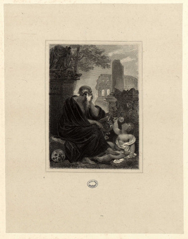 Un sage réfléchit à la vie et à la mort à côté de l'insouciance, représentée par le "putto" petit enfant qui fait des bulles de savon [image fixe] , 1750/1824