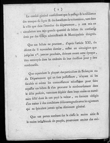 Arrêté du Conseil général du département du Doubs, relatif aux billets de confiance étrangers. Séance publique du 6 décembre 1792, l'an 1er de la République française