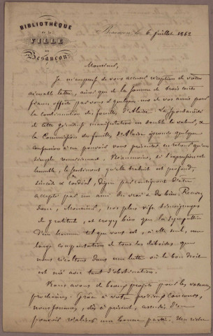 Ms Z 817 - Auguste Castan. Lettre. 6 juillet 1862
