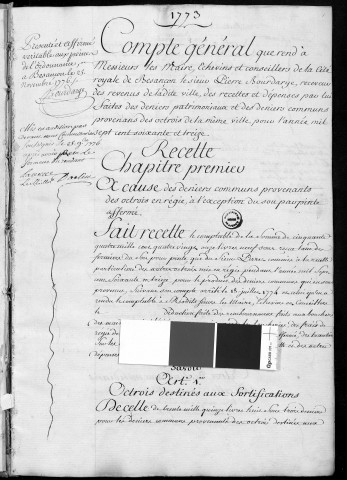 Comptes de la Ville de Besançon, recettes et dépenses, Compte de Pierre Bourdarye (1773)