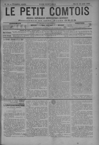 14/08/1883 - Le petit comtois [Texte imprimé] : journal républicain démocratique quotidien