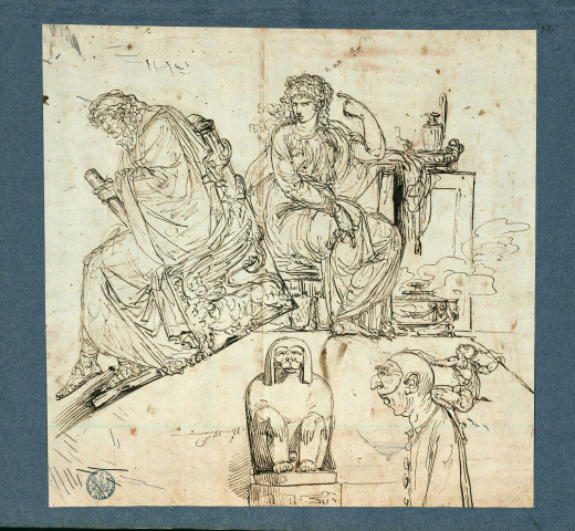 Feuille de croquis : homme vêtu à l'antique assis sur un trône ; famme vêtue à l'antique assise ; figure égyptienne ; personnage de la comedia dell' arte ? / François-André Vincent , [S.l.], [1770-1800]