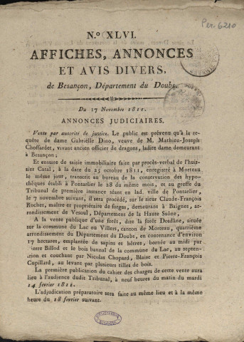 17/11/1811 - Feuille d'avis autorisée par arrêté de M. le Préfet du département du Doubs