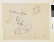 Feuille de croquis : le torse d'un berger de "La lutte de Jacob et l'Ange" ; main et bras, deux pieds