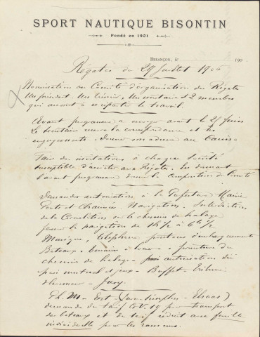 Notes manuscrites pour l'organisation des régates de juillet 1906 ; par Emile Jacquemin.