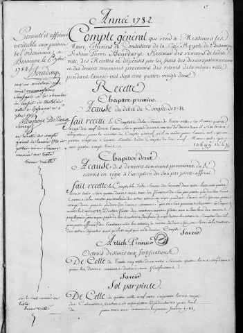 Comptes de la Ville de Besançon, recettes et dépenses, Compte de Pierre Bourdarye (1782)