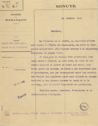 Ecole des Beaux Arts : Enseignement, organisation, cours, programme (dates de rentrée, discipline, horaires, nombre d'élèves ...) ; Bulletins périodiques