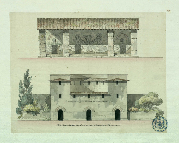 Registre supérieur : lavoir à Rome. Registre inférieur : bâtiment élevé sur une exèdre des thermes de Dioclétien / Pierre-Adrien Pâris , [S.l.] : [P.-A. Pâris], [1700-1800]