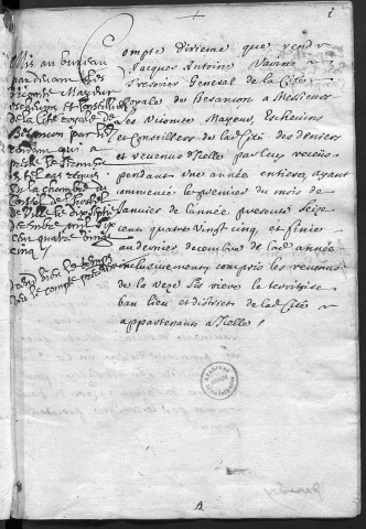 Comptes de la Ville de Besançon, recettes et dépenses, Compte de Jacques Antoine Varin (1685)