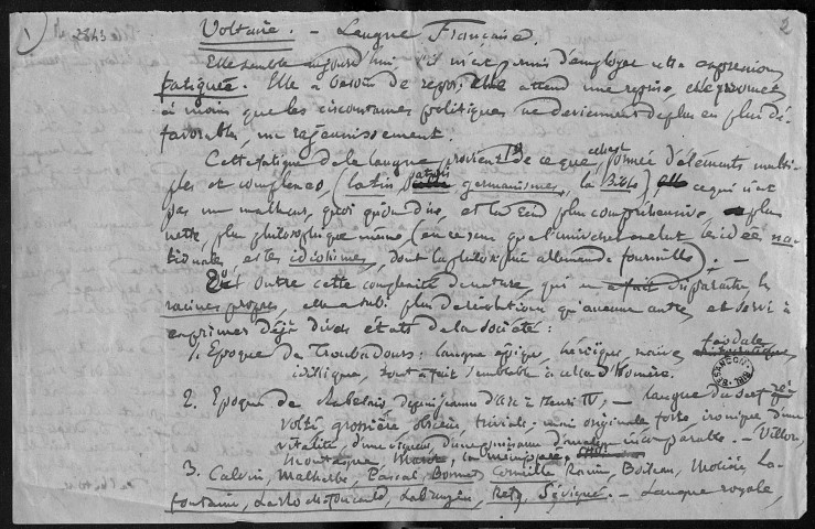 Ms 2843 - Pierre-Joseph Proudhon. "Voltaire. Préparation à la Révolution. Aperçu du mouvement littéraire français pendant les 17e, 18e, 19e siècles".