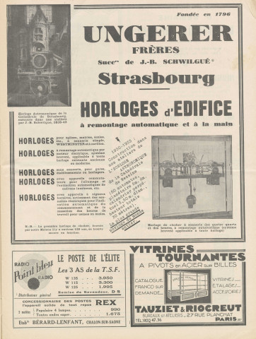 Entreprise Ungerer d'horloges d'édifice à Strasbourg : encart publicitaire paru dans la revue "La France Horlogère", 15 février 1935