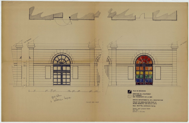 Projet de signalisation du musée des Beaux-Arts : 2 plans de la façade Sud-Ouest avec mise en couleurs (mai 1991).