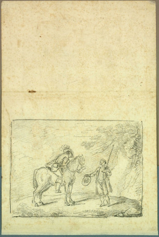 [Scène représentant un homme à cheval s'adressant à un homme à pied se tenant sur le bord d'un chemin, le chapeau à la main] , [S.l.] : [s.n.], [1700-1800]