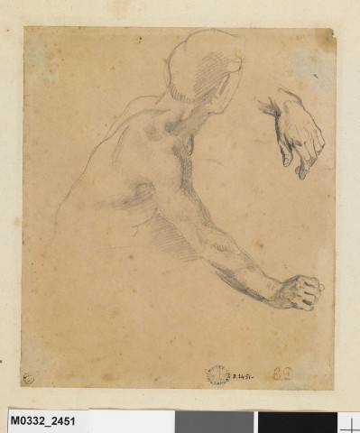 Buste d'homme penché vers l'arrière, allongeant le bras droit