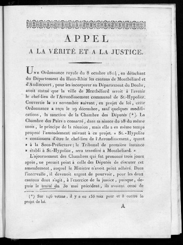 Appel à la vérité et à la justice, ou mémoire en faveur de la ville de Montbéliard, contre les prétentions du bourg de St.-Hypolite, et réponse au rapport fait à la Chambre des Pairs de France, dans la séance du 28 décembre 1814