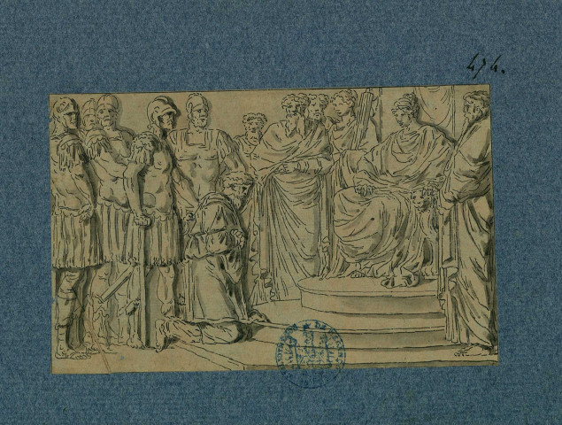 Prisonnier lié et agenouillé aux pieds du trône de l'empereur, autour : assemblée d'hommes et de guerriers / Calque de Pierre-Adrien Pâris sur un dessin de La Rue , [S.l.] : [P.-A. Pâris], [1700-1800]