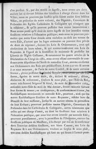 Déclaration du roi [Louis XVI] concernant les ecclésiastiques qui ont été ci-devant dans la Société des Jésuites, donnée à Versailles le 7 Juin 1777. Registrée en parlement le 10 juin 1777