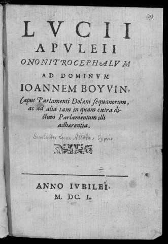 Lucii Apuleii...ad Dominum Joannem Boyvin...