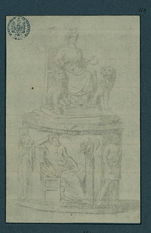 Statue d'un personnage assis, sur piédestal orné de bas-reliefs , [S.l.] : [s.n.], [1700-1800]
