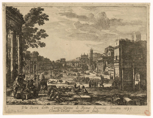 Via sacra detto Campo Vacino di Roma. Superior. licentia 1636 [image fixe] / Claude Gellée inuent. et sculp. , 1636