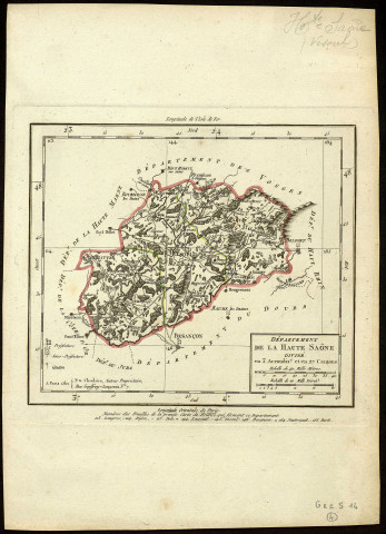 Département de la Haute-Saône divisé en 3 arrondissements et en 27 cantons. 40 mille mètres. [Document cartographique] , A Paris : chez P. G. Chanlaire, auteur-propriétaire, 1800/1825