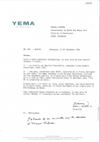 Entreprise Yema, 65 rue des Cras (Besançon) : lettre sur papier à en-tête du 30 septembre 1982.