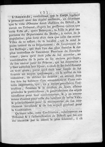 Délibérations du conseil général de la commune de la ville d'Ornans en réponse à la lettre du directoire du département du Doubs, tendante à procurer, la réunion du district de cette ville et de ceux de Quingey et Saint-Hyppolite à ceux de Besançon, Baume et Pontarlier, du 23 septembre 1790. Extrait des registres des délibérations de la Municipalité d'Ornans, chef-lieu de district