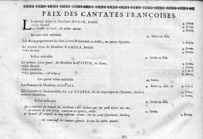 Cantates françoises et italienne à I, II voix et basse continue, avec symphonies, par Jean-Baptiste Stuck, ... livre IV