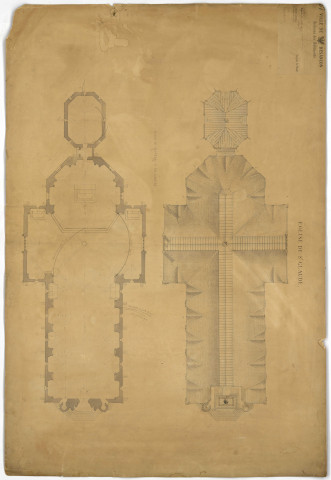 Eglise Saint-Claude, projet de construction, rez-de-chaussée et combles : plans dressés le 30 juillet 1874 (entoilés).