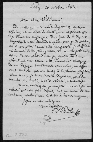 Ms Z 595 - Pierre-Joseph Proudhon. Lettre à Nicolas Villiaumé. Passy. 20 octobre 1863.