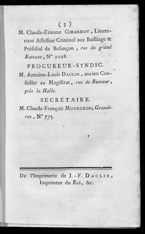 Tableau de MM. les président et administrateurs du district de Besançon, suivant l'ordre de leur nomination