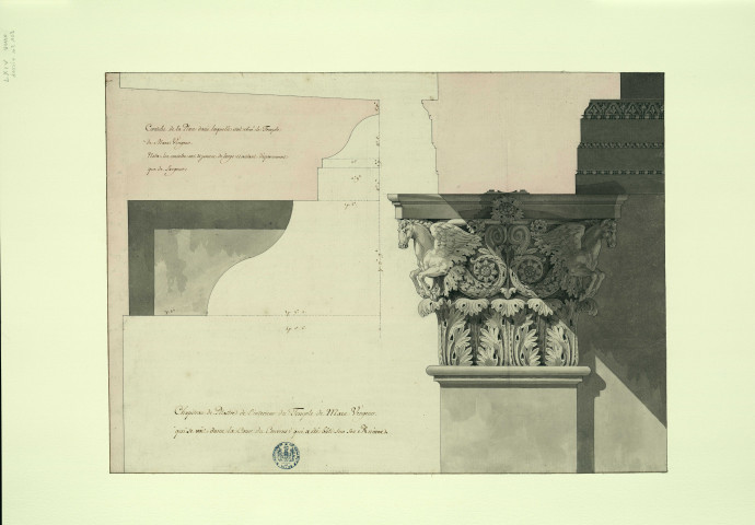 Corniche de la place dans laquelle était élevé le temple de Mars Vengeur. Chapiteau de pilastre de l'intérieur du temple de Mars Vengeur / Pierre-Adrien Pâris , [S.l.] : [P.-A. Pâris], [1700-1800]