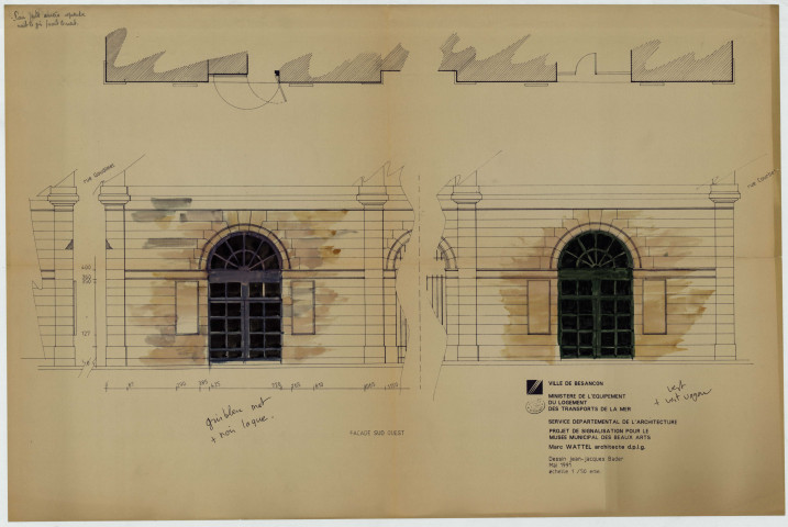 Projet de signalisation du musée des Beaux-Arts : 2 plans de la façade Sud-Ouest avec mise en couleurs (mai 1991).