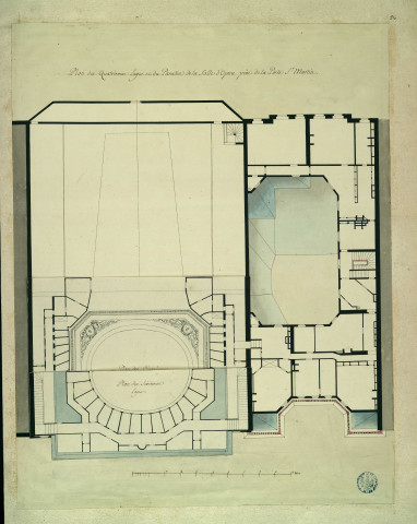 Plan des loges et du paradis (5e et 6e loges) du théâtre de la Porte Saint-Martin, à Paris, et de ses dépendances / Pierre-Adrien Pâris , [S.l.] : [P.-A. Pâris], [1700-1800]