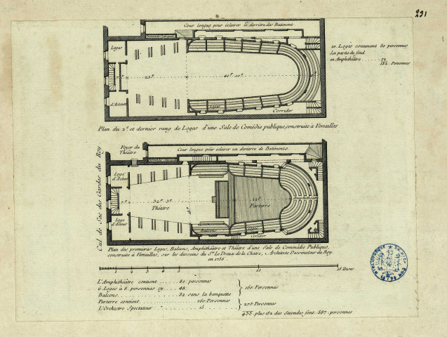 Plan des premières loges balcons, amphithéâtre et théâtre d'une salle de comédie publique construite à Versailles en 1756 ; plan du 2e étage et dernier rang des loges , [S.l.] : [S.n.], [1700-1800]