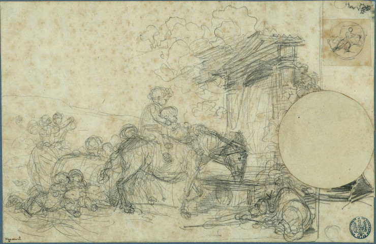 Cheval à l'abreuvoir monté par deux enfants / Jean-Honoré Fragonard , [S.l.] : [J.-H. Fragonard], [circa 1773-1775]