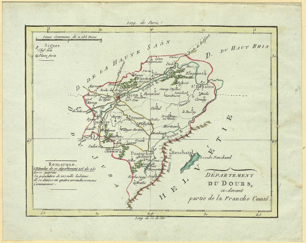 Département du Doubs ci-devant partie de la Franche-Comté. 10 lieues communes de 2283 toises. [Document cartographique] , 1775/1800