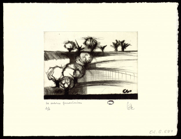 Les arbres ferroviaires [entre Dijon et Besançon, TGV] [estampe] / Céelle , [Paris : Atelier Georges Leblanc], 1980