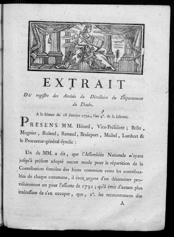 Extrait du registre des arrêtés du Directoire du département du Doubs. A la séance du 18 janvier 1792, l'an 4e de la liberté