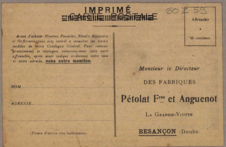 Administration et bureaux des établissements Pétolat Frères et Anguenot, usines 7 avenue Denfert-Rochereau à Besançon, Morteau et Villers-le-Lac.