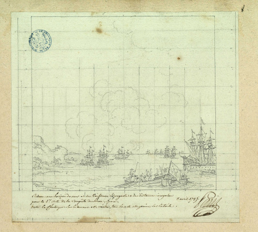 Rideau avec horizon de mer, pour l'opéra de la "Conquête du Pérou". Projet de décor de théâtre / Pierre-Adrien Pâris , [S.l.] : [P.-A. Pâris], [1700-1800]