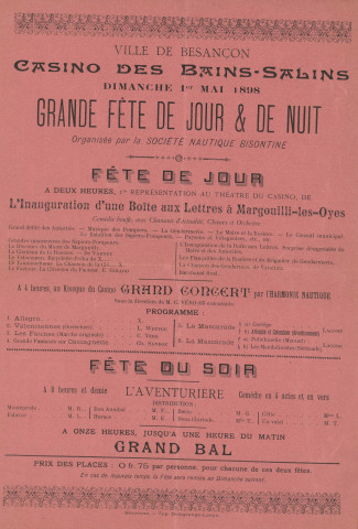 "Grande fête de jour et de nuit" ; organisée par la SNB ; Casino des bains-salins.