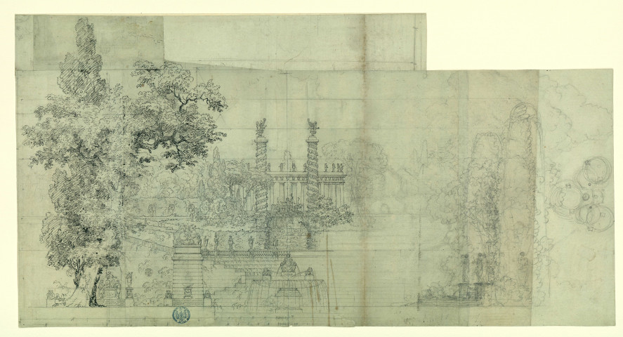Fontaine monumentale pour l'opéra de "Panurge". Projet de décor de théâtre / Pierre-Adrien Pâris , [S.l.] : [P.-A. Pâris], [1700-1800]